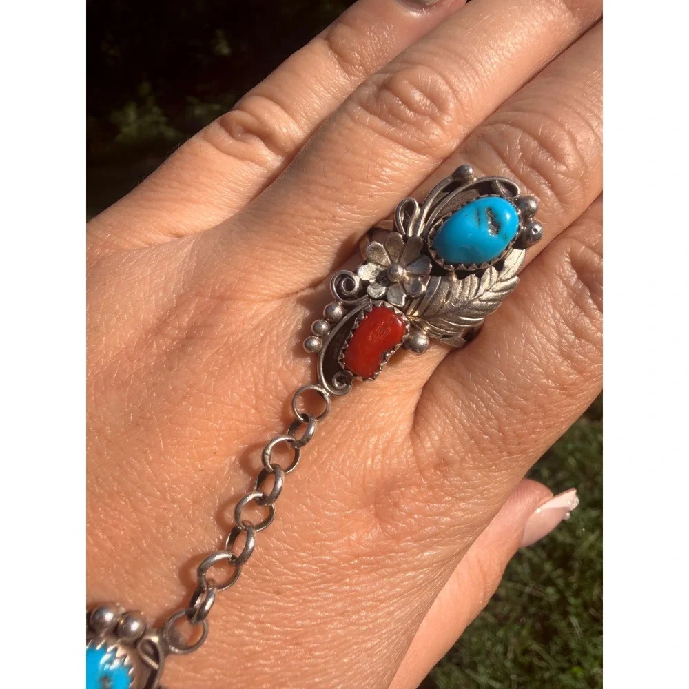 Vintage Native American Sterling Silver Turquoise Coral Bracelet Ring Signed - Picture 4 of 10